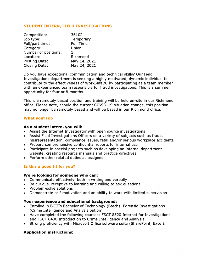 WorksafeBC Student Intern, Field Investigations (for CIA students)