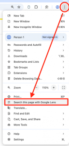 Three dots circles in red with arrow pointing to menu search "Search this page with Google Lens"