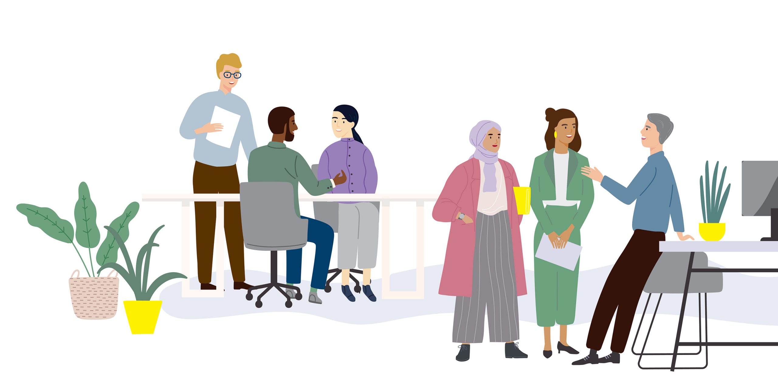 An illustration of six people in a casual office setting