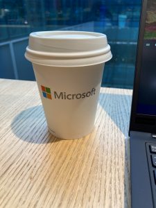 coffee cup, laptop, and view from Microsoft Vancouver