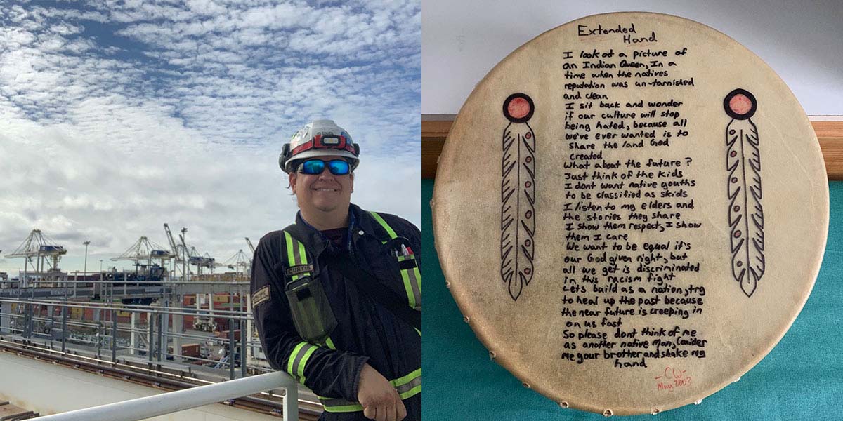 A man standing in front of a power grid system; a moose hide drum with a handwritten poem on it.