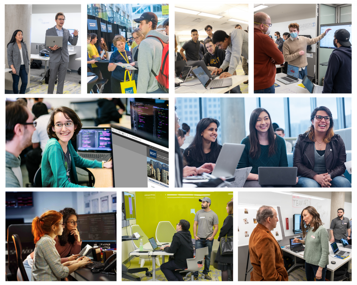 Collage of a range of action photos of computing students, faculty, and industry partners, talking and laughing near computer displays and screens, leaning over laptops, having discussions