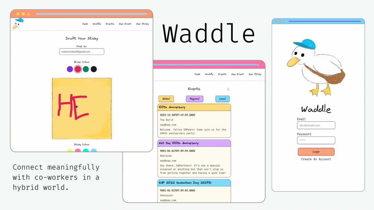 screen captures of app "waddle" showing cartoon duck wearing a blue baseball cap and carrying a messenger bag, a hand-drawn post it, a sign-in page, and an event listing