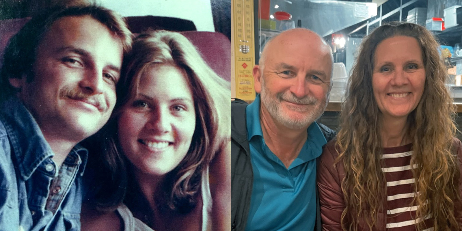 Side-by-side photos of alumni couple from the '80s and one from present day. Smiling to camera.