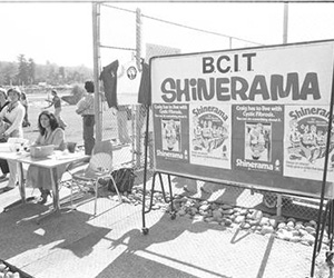 Black and white photo of BCIT Shinearama fundraising sign, 1994 