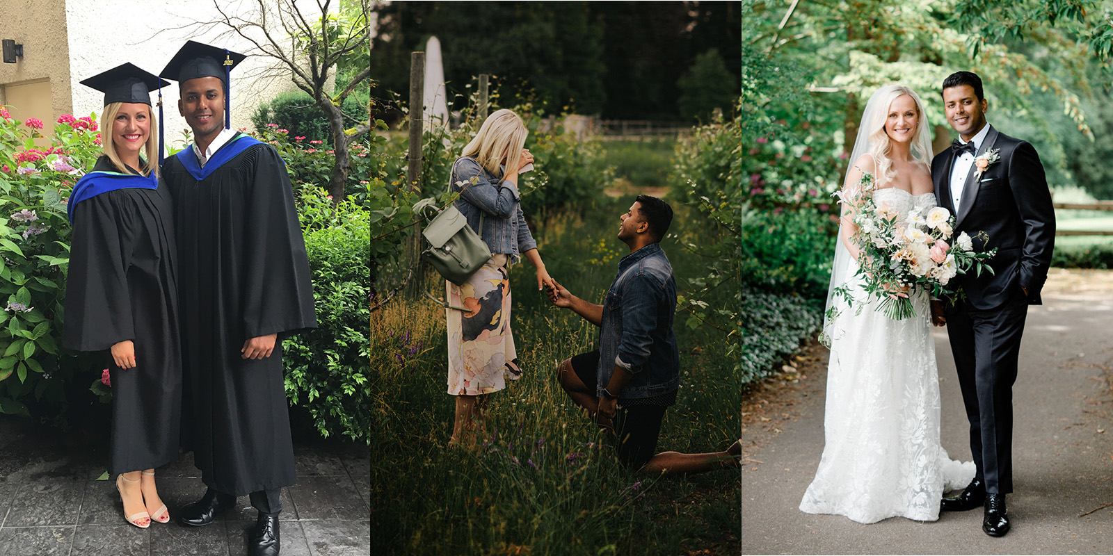 Three photos of a BCIT alumni couple: One in their graduation gowns, one of their engagement, one of their wedding photo