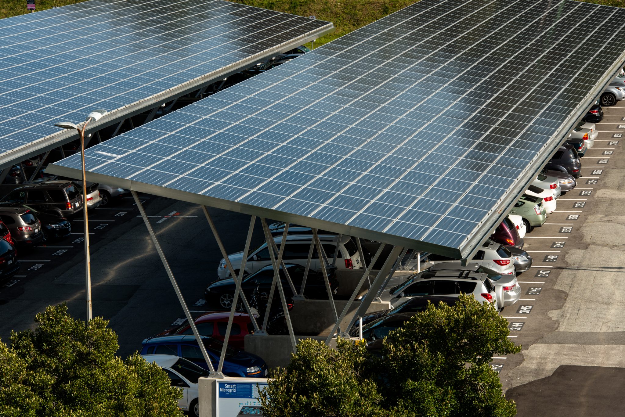 A picture of a large solar panel used as a charging station for electric vehicles at the BCIT Burnaby Campus.