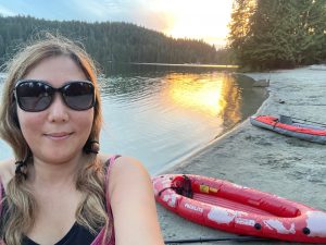 Jennifer at Sasamat Lake with her inflatable kayak..