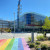 BCIT building with a rainbow crosswalk