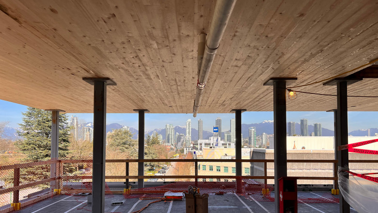 View of the mass timber panels at Tall Timber Student Housing