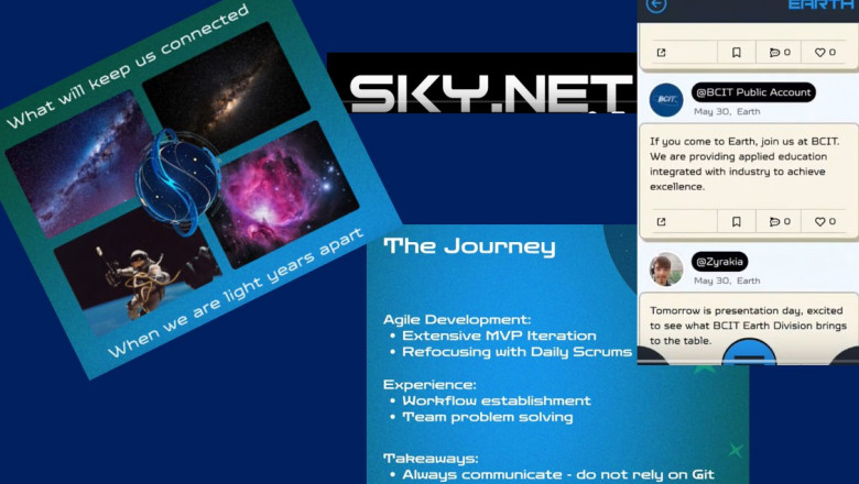 Montage of screen shots from CST student demo for "Skynet" futuristic app. Includes images of planets, project takeaways including the importance of communication, and a graphic showing app interface with text exchange
