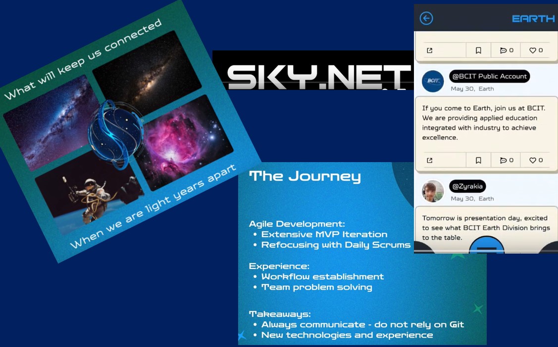 Montage of screen shots from CST student demo for "Skynet" futuristic app. Includes images of planets, project takeaways including the importance of communication, and a graphic showing app interface with text exchange