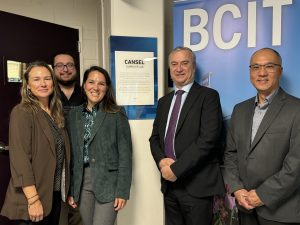 Cynthia Petrie, Vice President of External, BCIT; Caleb Dewhurst, Geomatics student at BCIT; Iliana Tsali, Segment Manager, Cansel; Dr. Jeff Zabudsky, President, BCIT; Steven Kuan, Associate Dean, Natural Resources and Engineering, BCIT.