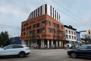 Wide shot of six-storey building rendering