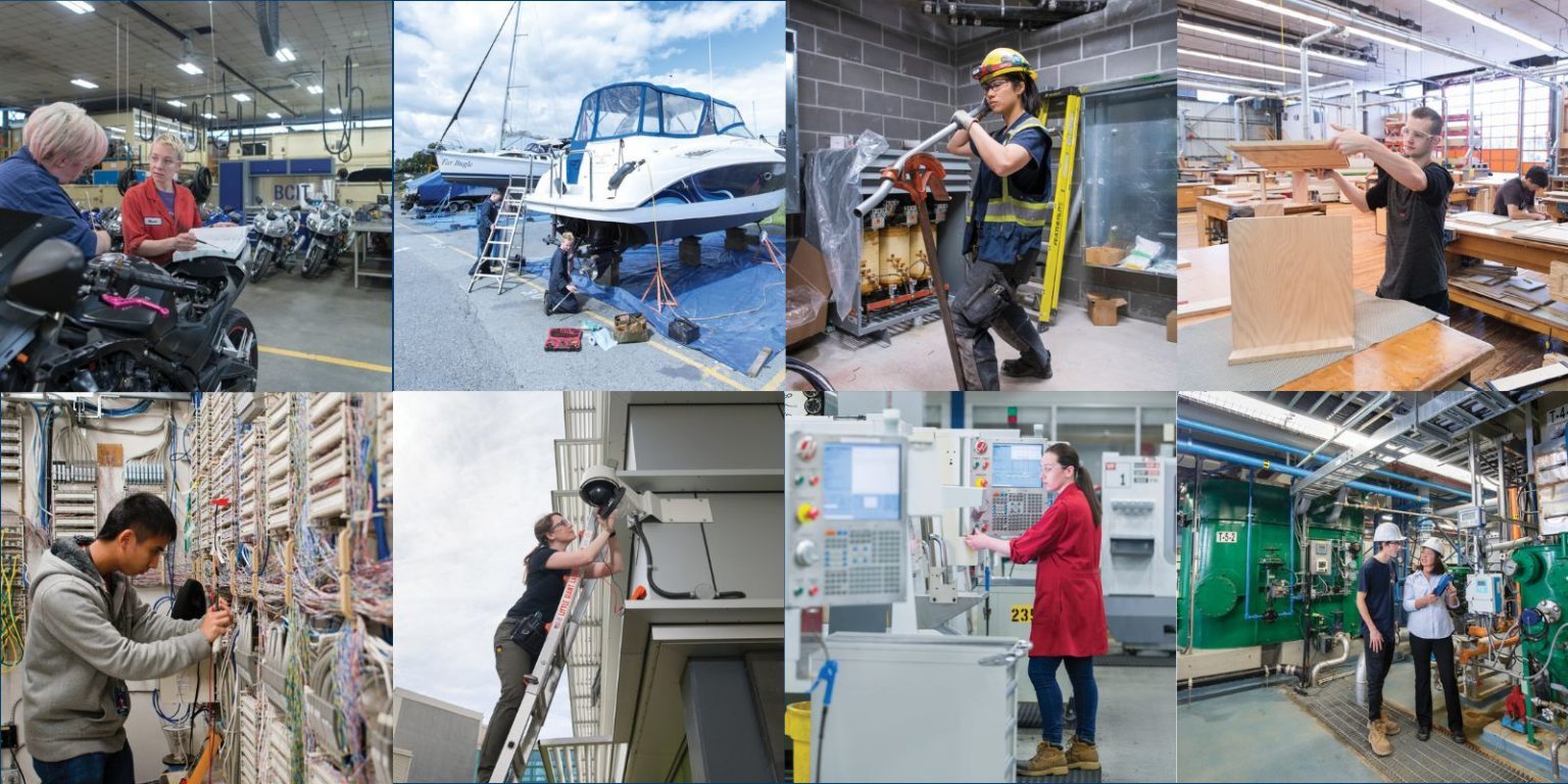 This image is a collage of eight different photos showcasing various skilled trades and technical professions. The images include: Two women discussing a document in a motorcycle repair workshop, with multiple motorcycles in the background. A worker performing maintenance on a boat that is lifted on a stand outdoors. A construction worker using a pipe bender in an industrial setting. A woodworker assembling a wooden structure in a carpentry workshop. A technician working with a complex wiring system in a telecommunications or electrical setup. A worker on a ladder installing a security camera on the exterior of a building. A person in a red coat operating a CNC machine in a manufacturing environment. Two professionals in hard hats discussing a technical system in an industrial plant with large pipes and machinery. The collage highlights different hands-on careers in technical fields.