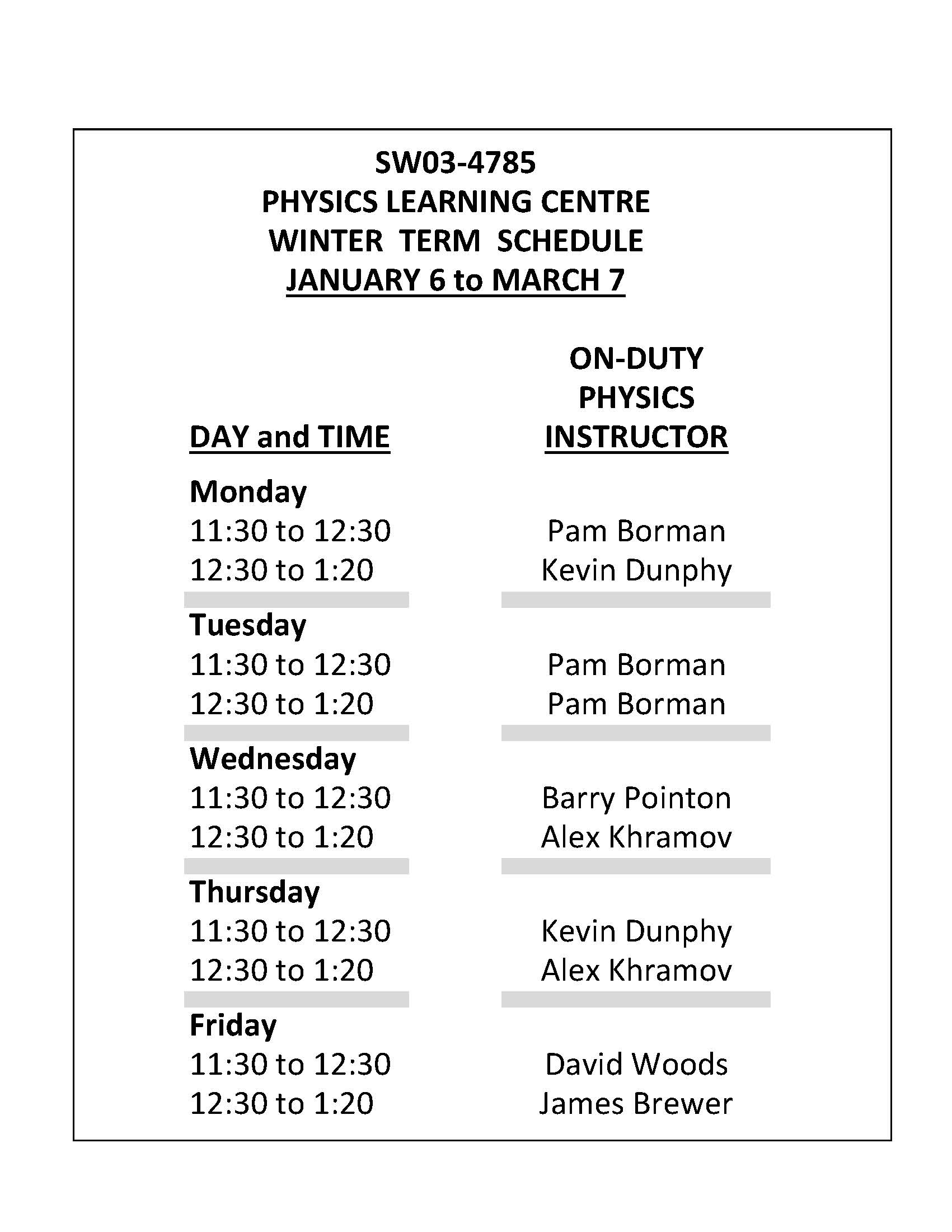 PLC Schedule for Winter 2025 Term