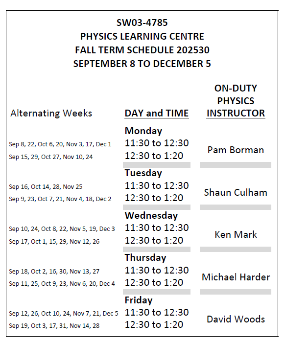physics learning center schedule fall 2025