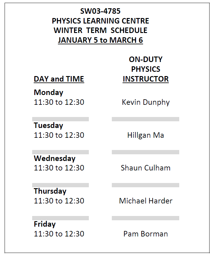 Physics Learning Center Winter Schedule