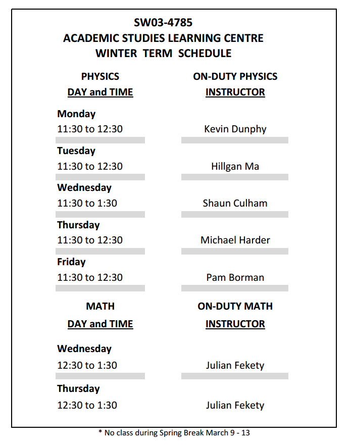 Winter 2026 Learning Center Schedule with Math